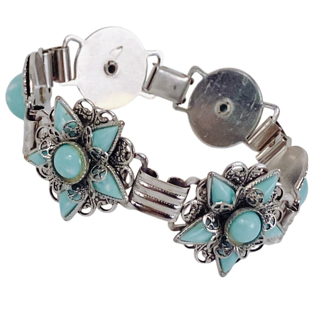 Vintage Southwestern Style Silver Tone Bracelet Faux Turquoise Starburst 7.5